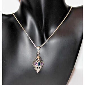 Vintage 925 Italy Sterling Silver Filigree Blue & Purple Gem Pendant Necklace